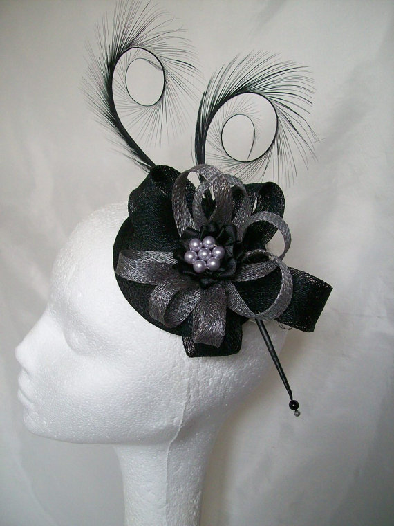 زفاف - Black and Pewter Grey Pheasant Curl Feather Sinamay Loop & Pearl Fascinator Mini Hat - 'Custom Made To Order' for a Wedding or the Derby