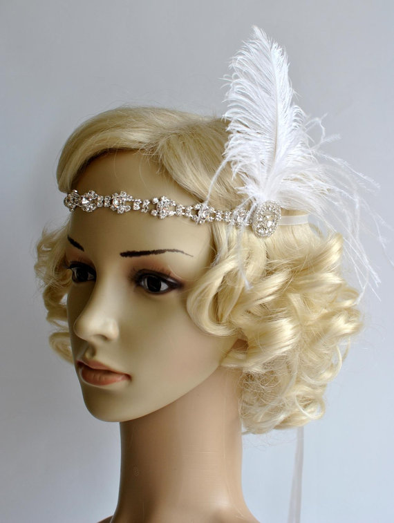 Wedding - Crystal Rhinestone Headband Headpiece, 1920s flapper gatsby Headband, Wedding Headband, rhinestone feather Headband