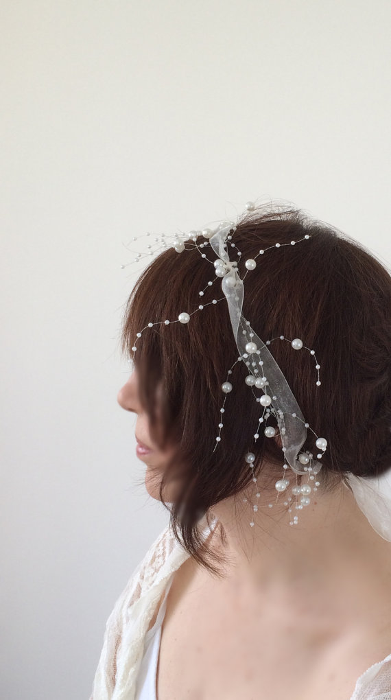زفاف - Bridal Pearl Headband, Hair Vine Organza Ribbon and Pearls Wedding Hairband, Bridal Headpiece, Beadwork, Fast Delivery