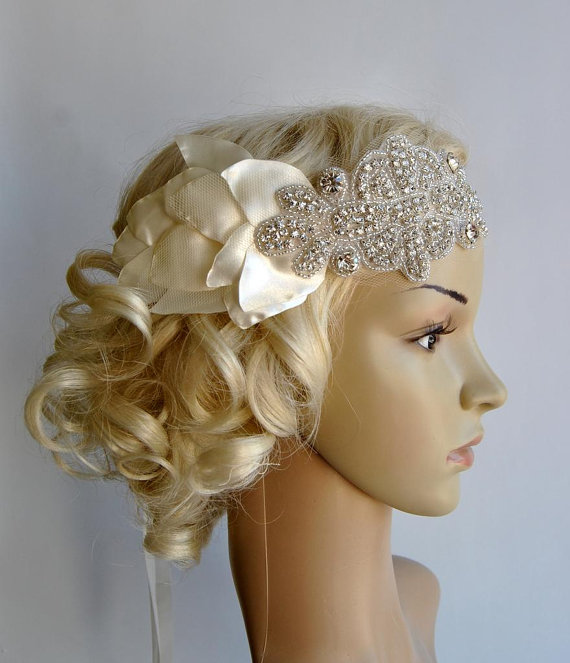 Wedding - Petal Bandeau bridal headband, The Great Gatsby Headband, 1920s Headpiece, Flapper 1920's,Ivory petal rhinestone crystal headband,