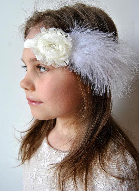 Wedding - Ivory Shabby Chic feather headband, Flower Girl Headband, baby hair bows, wedding headband, baby headband, toddler headband, bridesmaid
