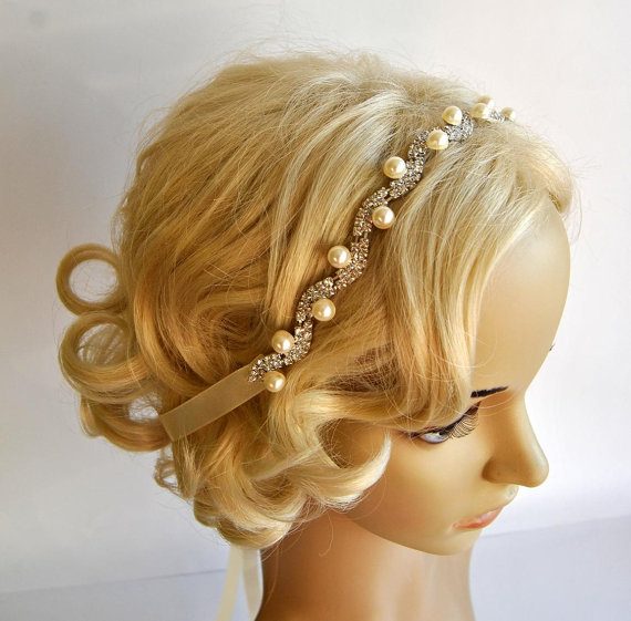 Hochzeit - Pearls Rhinestone Headband, Wedding Crystal  Bridal bridesmaid Headband, Wedding Headpiece, Halo Bridal Headpiece, 1920s Flapper headband