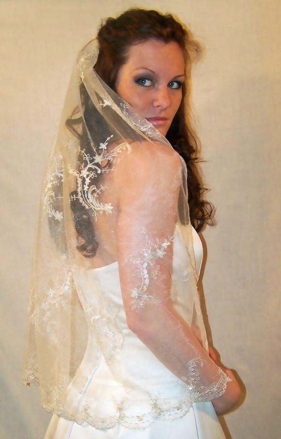 Wedding - Custom Couture Elegant  Swarovski Beaded and Embroidered Bridal Veil White or Ivory