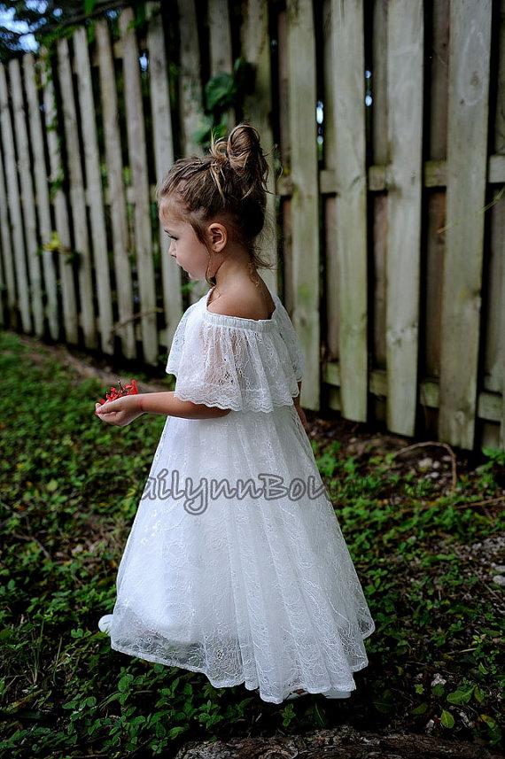 Свадьба - Vintage Victorian Boho Lace Off The Shoulders Flower Girl Dress Baptism Dress Cristening Dress