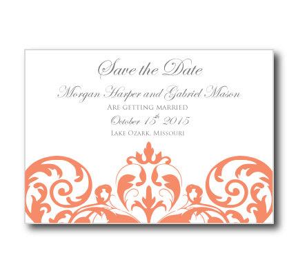 Свадьба - Wedding Save the Date Card Template - INSTANT DOWNLOAD - Damask (Coral/Pink) DIY Wedding Save the Date Card - Microsoft Word