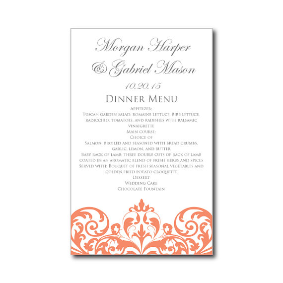 Wedding - Wedding Menu Card Template - INSTANT DOWNLOAD - Damask (Coral/Pink) DIY Wedding Menu Card - Microsoft Word