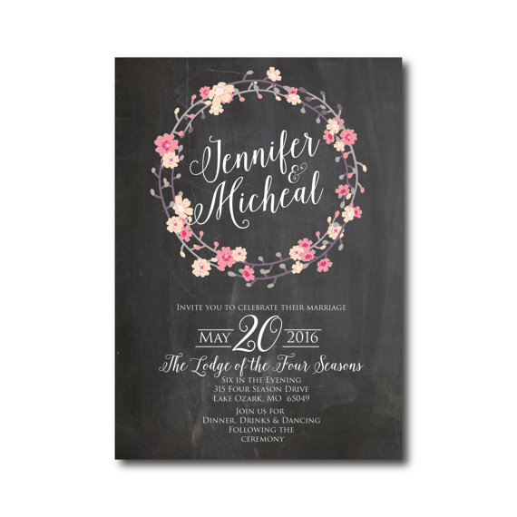 Hochzeit - Chalkboard Wedding Invitation - Floral Wedding - Floral Wreath - Printable Wedding Invitation - Digital Invitation - Printable