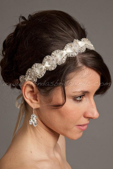 Hochzeit - Crystal Rhinestone Headband with Smocked Satin Ribbon, Bridal Headband - Lexi