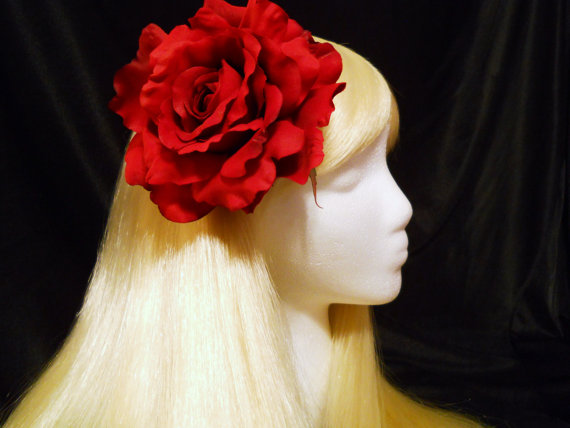 Mariage - Large Red Rose Hair Clip, Love, Real Touch Queen of Hearts Costume Wedding Flower Girl Bride Day of the Dead Goth, Rockabilly, Hat Lapel
