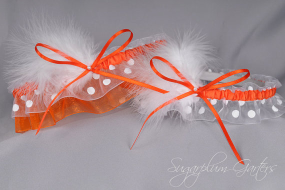 Wedding - Wedding Garter Set in Orange and White Polka Dot with Pearls and Marabou Feathers