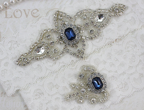 Hochzeit - Best Seller - CHLOE II - Sapphire Blue Wedding Garter Set, Wedding Lace Garter, Rhinestone Bridal Garters, Something Blue