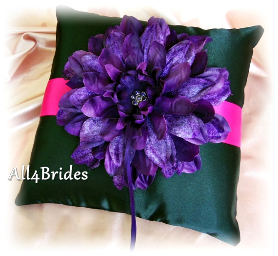 Свадьба - Wedding ring bearer pillow, black hot pink and purple wedding accessories, ring cushion ceremony accessories