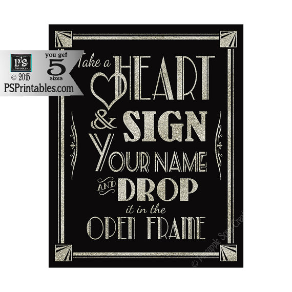 Mariage - Printable Sign a heart guestbook alternative sign - Art Deco-Roaring 20's-Great Gatsby Sign -  instant download - DIY-black glitter Silver