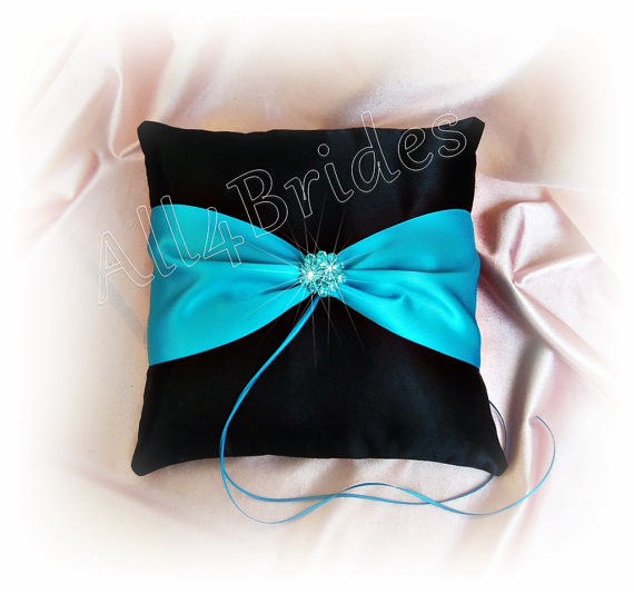 Mariage - Turquoise and Black wedding ring bearer pillow - Malibu blue ring cushion - turquoise and black wedding accessories