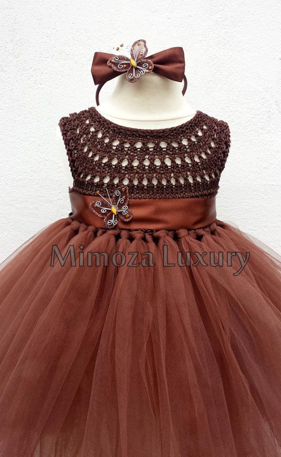 Hochzeit - Chocolate Brown Flower girl dress, tutu dress, bridesmaid dress, brown princess dress, crochet top tulle dress,  brown yarn tutu dress