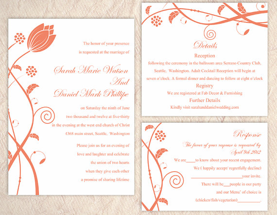Hochzeit - DIY Wedding Invitation Template Set Editable Word File Instant Download Printable Orange Wedding Invitation Elegant Flower Invitation