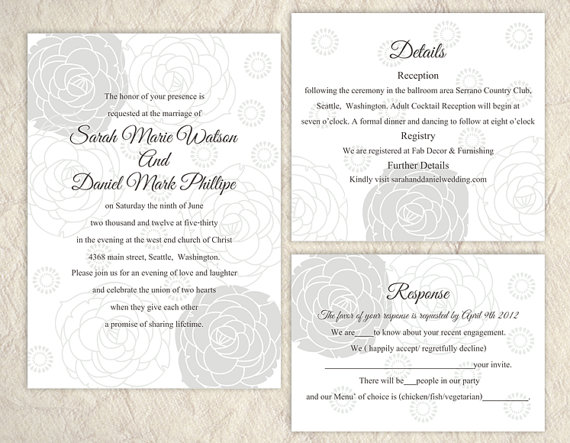 Свадьба - DIY Wedding Invitation Template Set Editable Word File Instant Download Printable Silver Invitation Rose Invitation Gray Wedding Invitation