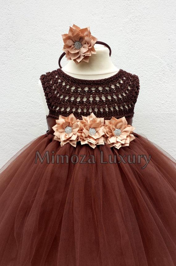 Hochzeit - Brown Flower girl dress tutu dress,  bridesmaid dress, chocolate princess dress, crochet top tulle dress, brown tutu dress