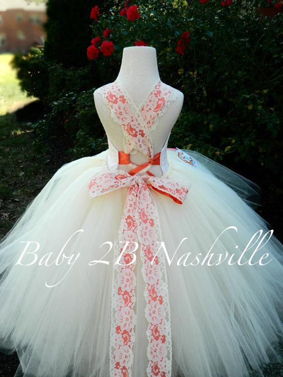 Mariage - Vintage Ivory and Coral Lace Flower Girl Dress  Wedding Flower Girl  Dress  Ivory Lace Tutu Dress All Sizes Girls