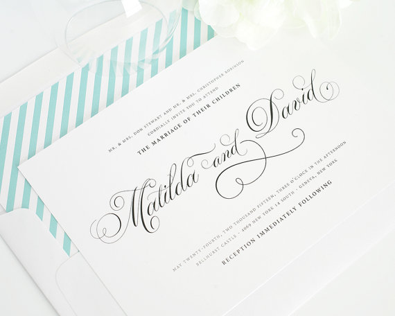 Hochzeit - Angelic Script Wedding Invitation - Calligraphy, Classic, Blue, Stripes, Swirls, Classy -  Wedding Invitation - Deposit to Get Started