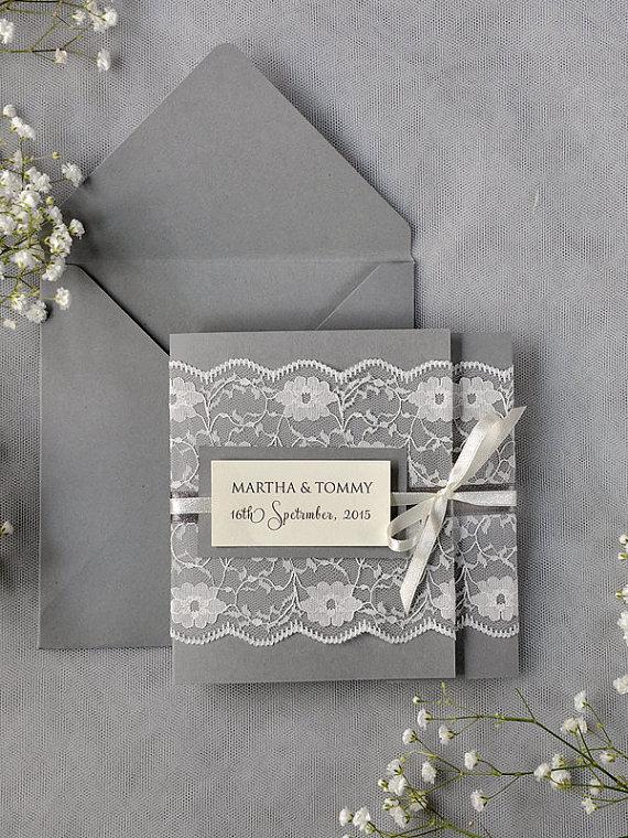 Wedding - Custom listing(20) Ivory Lace Wedding Invitations, Grey Wedding Invitation, Pocket Fold Invitations , Vintage invitation,Model no: 23/lace/z