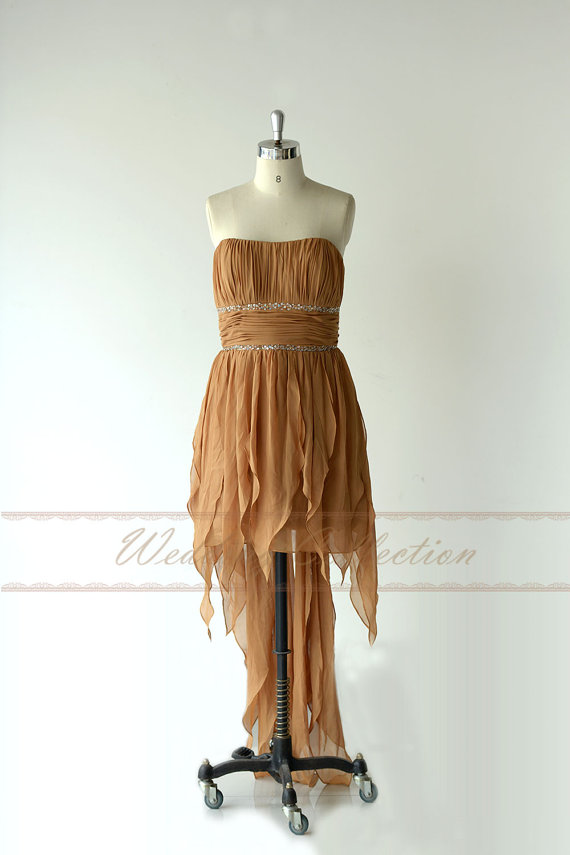 Wedding - Brown High Low Prom Dress Evening Gown Crystal Beaded Pleats Chiffon Strapless