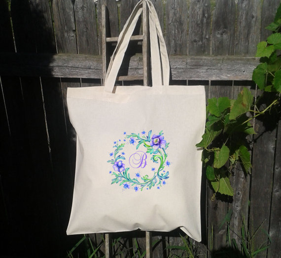 Wedding - Floral Initial Letter Wreath - Bridesmaid Gift Bags - Welcome Bags -You choose letters- Custom Tote Bags-Flower Wreath