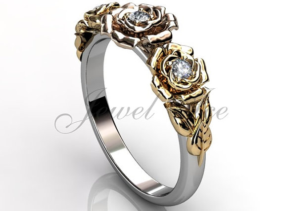 Hochzeit - 14k three tone white, rose and yellow gold diamond unusual flower engagement ring, bridal ring, wedding ring, anniversary ring ER-1091-6.