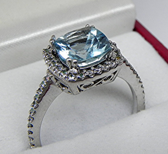 زفاف - AAAA Natural Aquamarine Cushion cut  8x8mm 1.91 ct  14K white gold Halo Engagement Ring set with .30 carats of diamonds HB88  1287