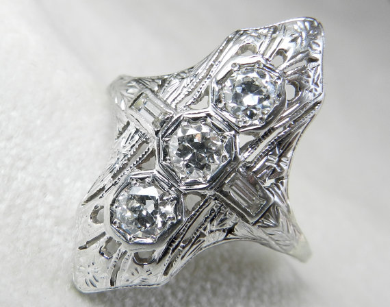 Hochzeit - Engagement Ring 1 Ct 1920s Platinum Engagement Ring Art Deco Ring Filigree Old European Cut Diamond Engagement Ring 1920s