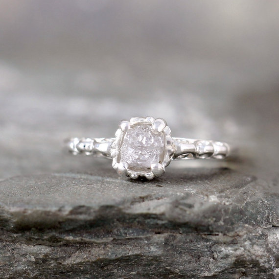 زفاف - Raw Diamond Engagement Ring - Antique Vintage Style Filigree Ring - Sterling Silver Rings - Wedding Rings - Canadian Made - April Birthstone