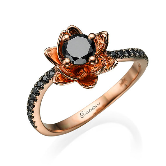 Hochzeit - Flower Engagement Ring 14k Rose Gold With Black Diamonds, Flower Ring, Black Diamond Ring, Rose Gold Engagement Ring, Rose Gold Ring