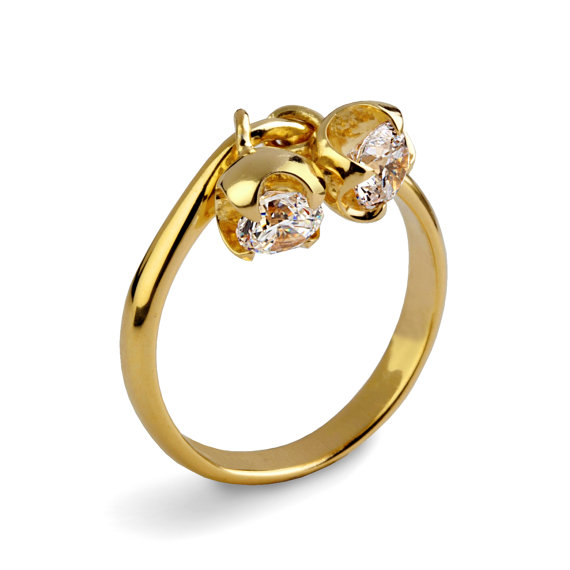 زفاف - CHARMS Gold Engagement Ring, Dangle Charm Ring, Birthstone Ring, Mothers Ring, Dainty Gold Ring, Gemstones Ring, Birthstone Charms