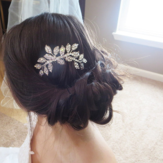 Wedding - Crystal Bridal Hair comb, Leaf Wedding hair comb, Rhinestone Wedding headpiece, Leaf headpiece, Vintage style hair comb, Bridal hair clip