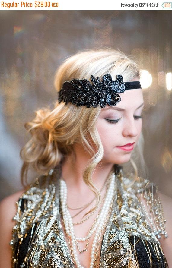 Wedding - Black 1920s Headband, Flapper Headband, Great Gatsby Hair Accessory, Halloween Costume
