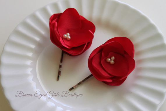 Свадьба - Red Bridal Flower Hair Clip Duo, Red Wedding Hair Accessory