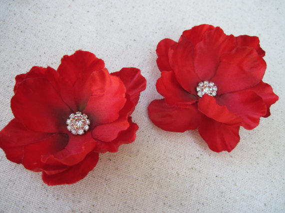 Wedding - Red Flower Hair pins with rhinstone crystal centers for girls or women, red poppy flower clips
