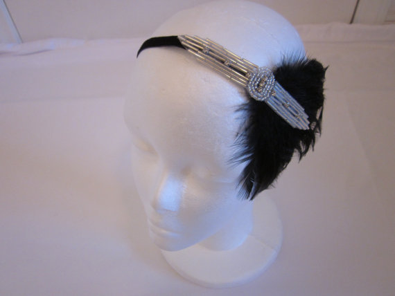Hochzeit - Gatsby Headpiece for Great Gatsby Dress Silver Flapper Headband 1920s Hair Accessories Bridal Headpiece Black Feather Silver Beading Ribbon