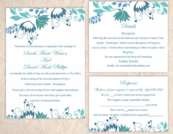 Mariage - DIY Wedding Invitation Template Set Editable Word File Instant Download Printable Invitation Floral Wedding Invitation Blue Invitations