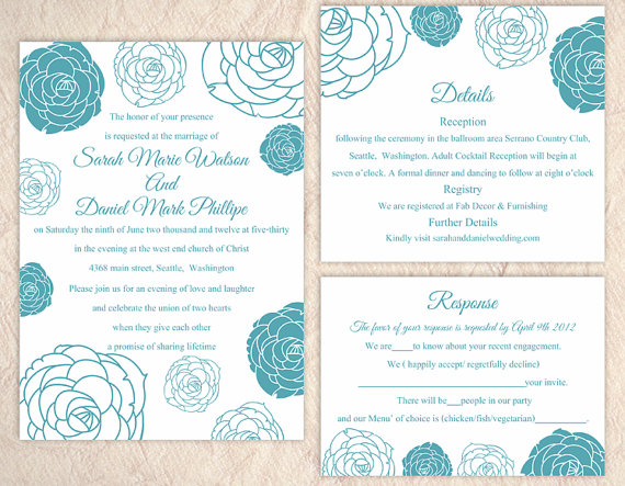 Hochzeit - DIY Wedding Invitation Template Set Editable Word File Instant Download Printable Floral Invitation Rose Wedding Invitation Blue Invitations
