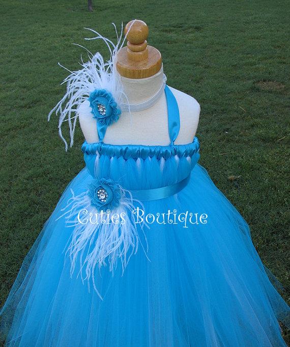 زفاف - Turquoise White Tutu Dress Flower Girl Dress Wedding Birthday Holiday Picture Prop 12, 18, 24 Month, 2T, 3T,4T Flower Girl Tutu Dress