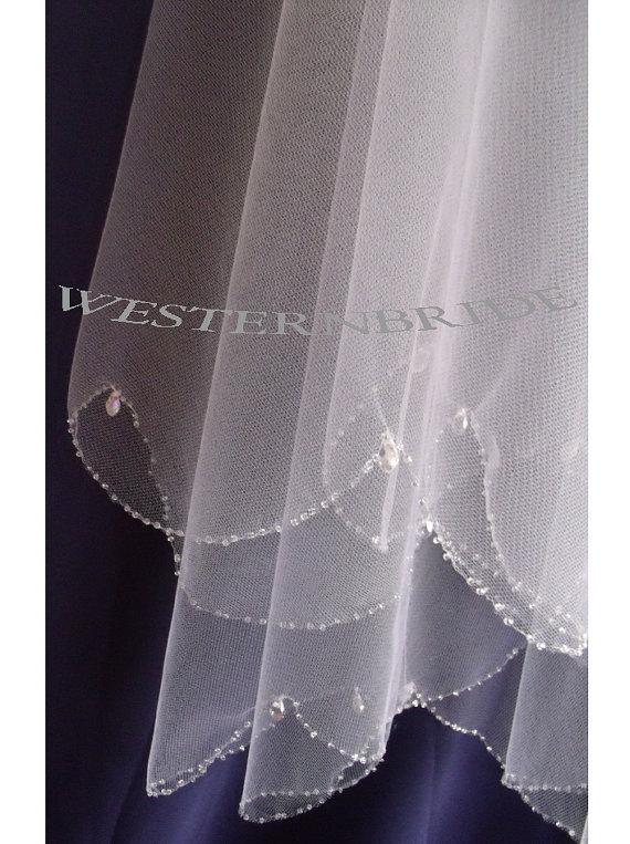 Hochzeit - Tear drop crystals edge  2 tier Elegant Wedding Bridal veil. White or Ivory , your choice. Fingertip lenght with silver comb ready to wear