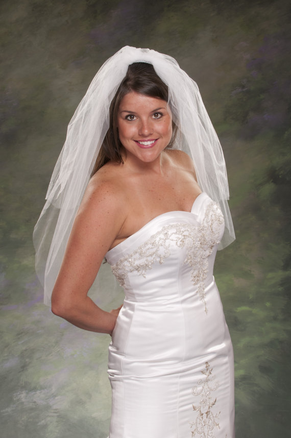 Hochzeit - Light Ivory Bridal Veil 2 Layer Plain Cut Veil 28 Blusher Veil 24 Waist Length White Veil Wedding Veils Diamond White Tulle Off White