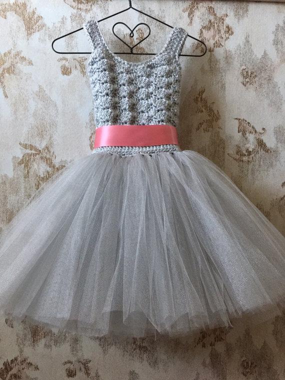 Wedding - Gray and coral flower girl dress, birthday tutu dress, crochet tutu dress, corset tutu dress