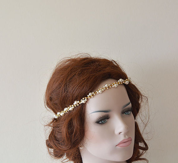 زفاف - Bridal Rhinestone and Pearl headband, Wedding Headband, Gold Bridal Hair Accessory, Wedding Accessory