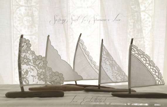 Hochzeit - Five 4 to 5 inch Driftwood Sailboats Antique Lace and White Linen Sails Cake Topper Wedding Favors Beach Decor - Sweetest Sailing Boats EVER