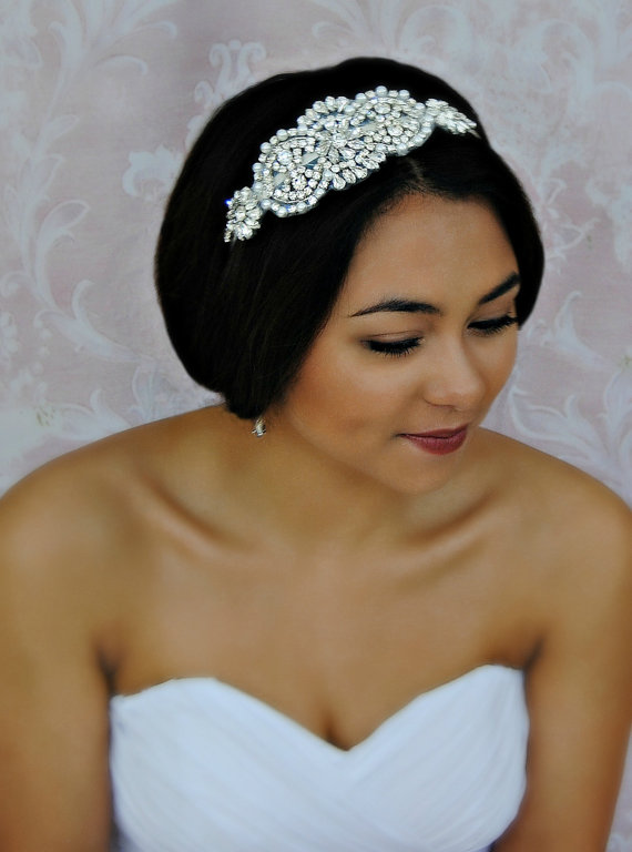 زفاف - Crystal and Pearl Headband, Swarovski Bridal Headband, Silver Art Deco Head Piece - ELEANOR