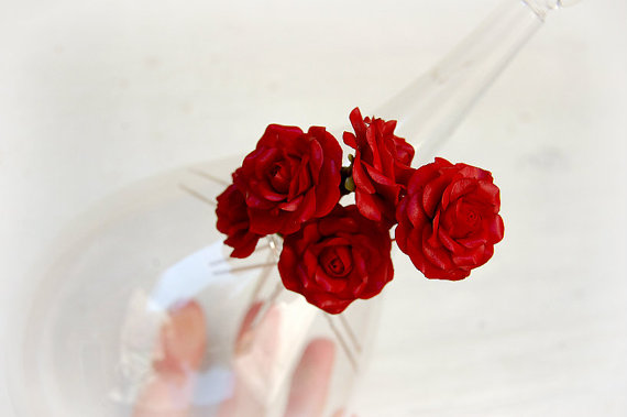 Mariage - Dark red Rose Hair pins (SET 5) - Red flowers Hair Pins - Wedding Hair accesorries - Red flower fascinator - Floral hair accessories