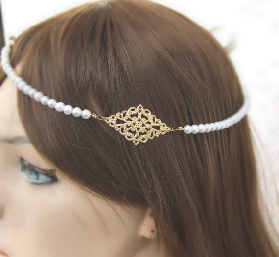 Hochzeit - Gold Pearl Headband, Art deco, Silver Bridal Headpiece, Gold Bridal Halo, Wedding Hair Piece, Flower Girl, forehead Head Piece
