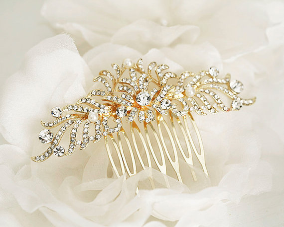 Hochzeit - LAURINE  - Vintage Inspired Gold Bridal Hair Comb,  Wedding Hair Accessory, Bridal Headpiece, Art Nouveau